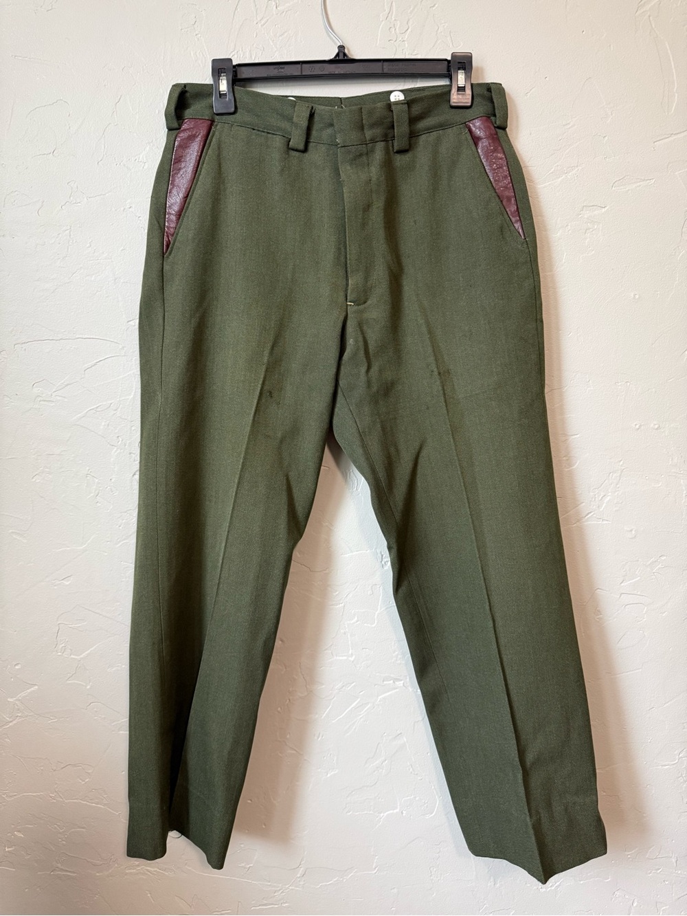 Vintage LL BEAN Logo Green Heavyweight Wool Pants USA Leather Pocket Size 30x26